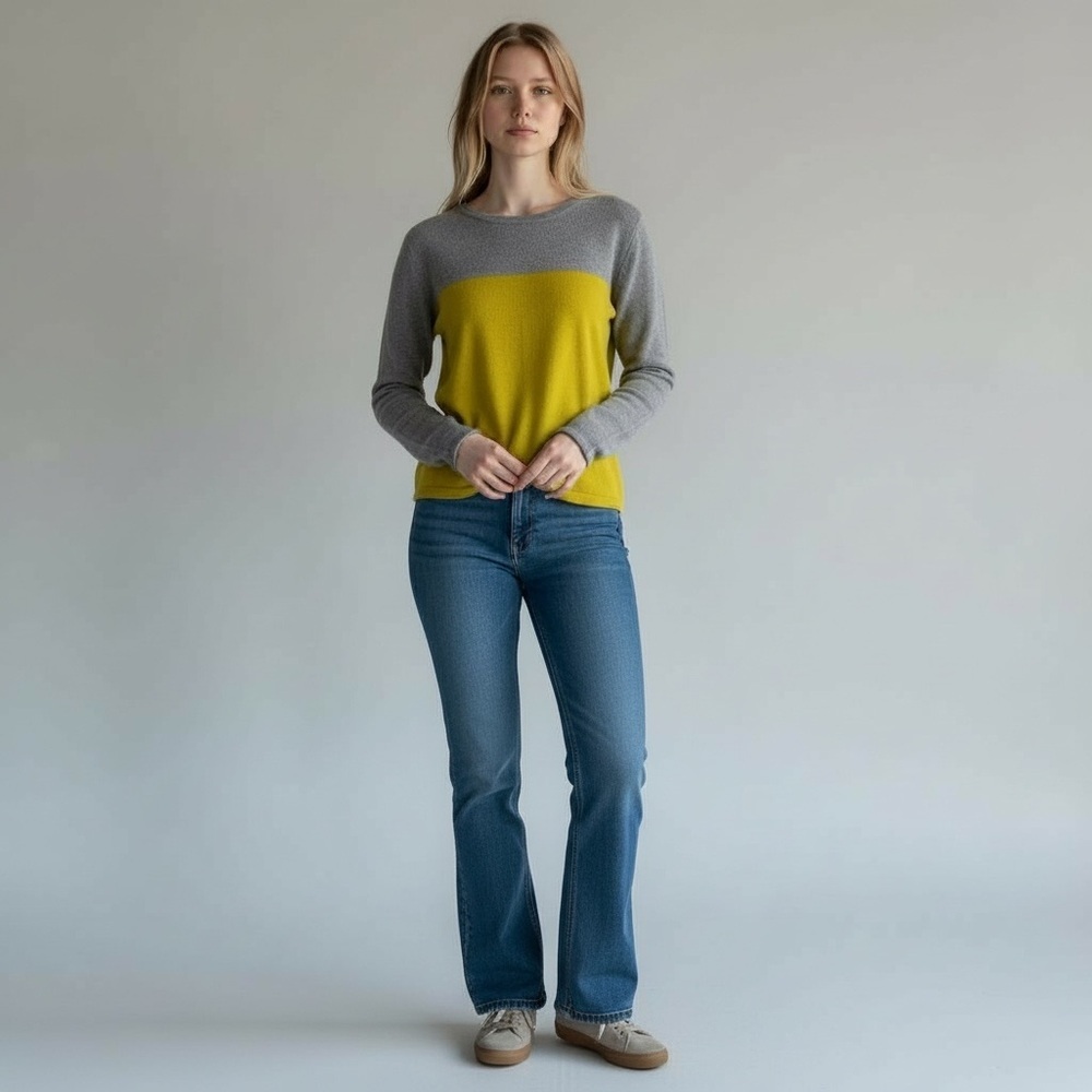 Ann Taylor Wool Cashmere Colorblock Grey Chartreuse Pullover Crew Sweater – XS